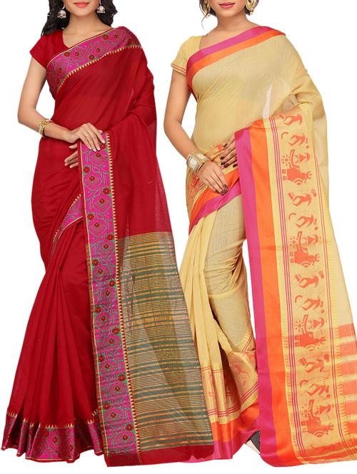 set of 2 zari bordered saree with blouse - 15484194 - Standard Image - 1