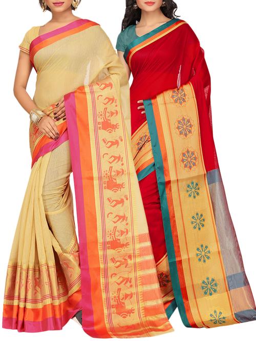 set of 2 zari bordered saree with blouse - 15484196 - Standard Image - 1