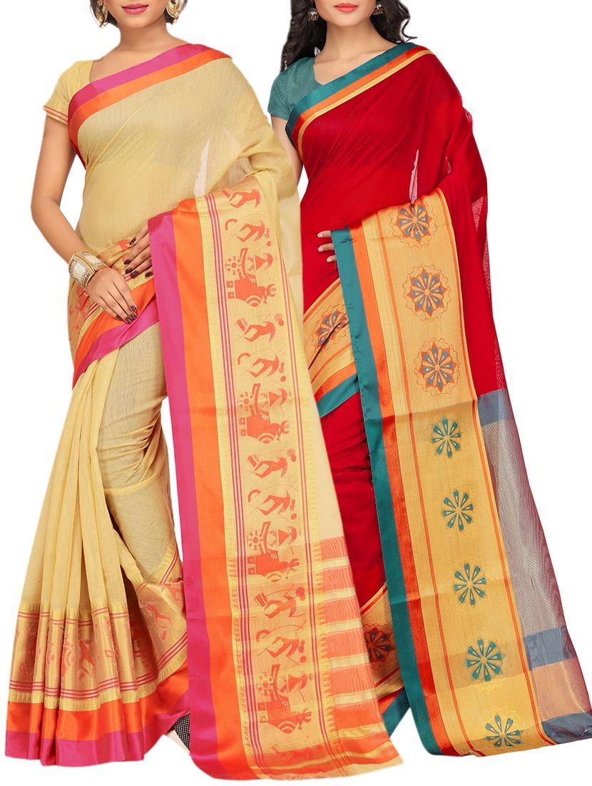 set of 2 zari bordered saree with blouse - 15484196 - Zoom Image - 1