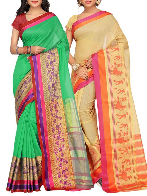 set of 2 zari bordered saree with blouse - 15484197 - Standard Image - 1