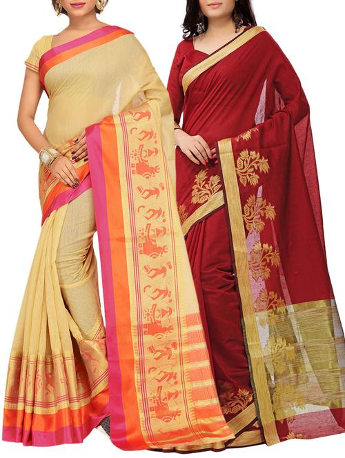 set of 2 zari bordered saree with blouse - 15484198 - Standard Image - 1