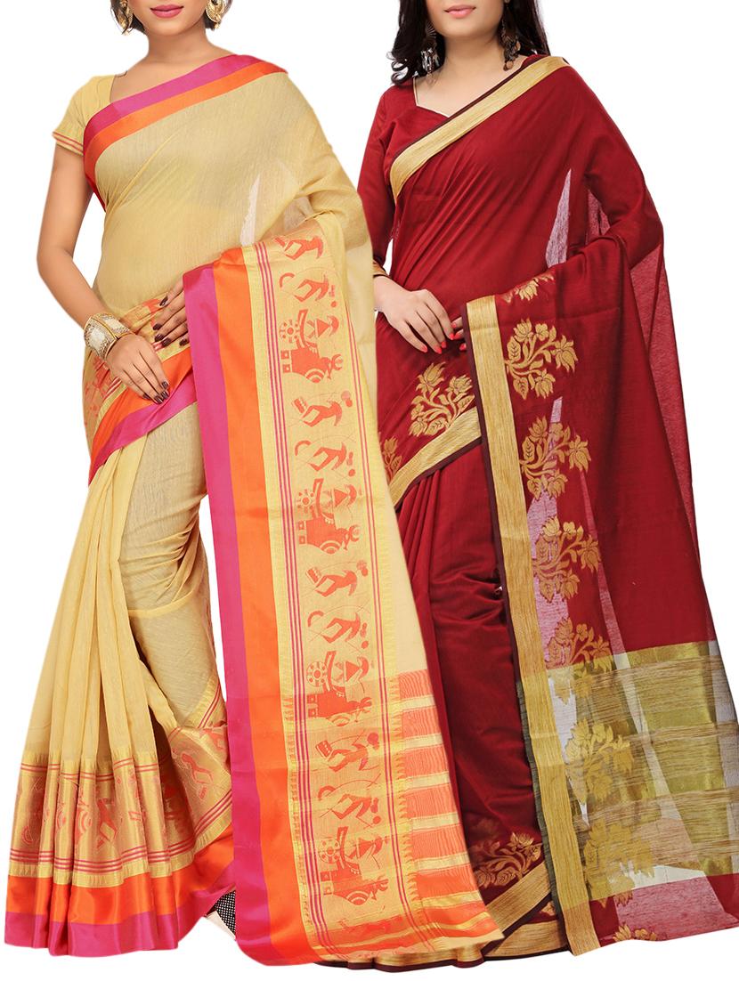 set of 2 zari bordered saree with blouse - 15484198 - Zoom Image - 1