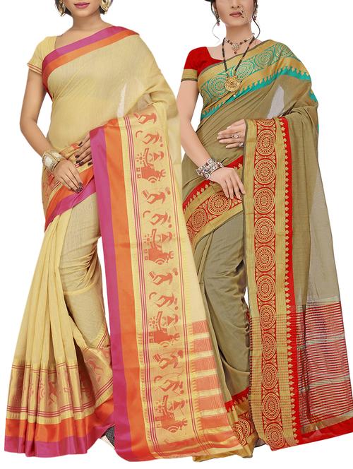set of 2 zari bordered saree with blouse - 15484203 - Standard Image - 1