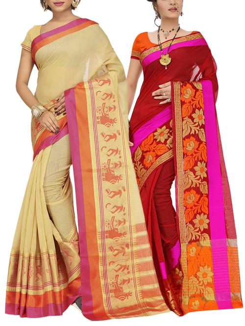 set of 2 zari bordered saree with blouse - 15484205 - Standard Image - 1