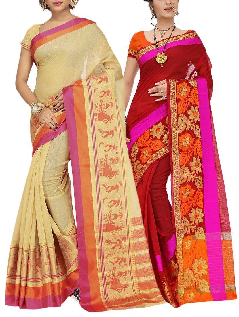 set of 2 zari bordered saree with blouse - 15484205 - Zoom Image - 1