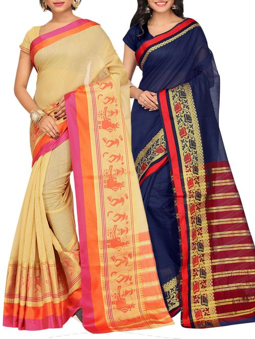 set of 2 zari bordered saree with blouse - 15484207 - Standard Image - 1