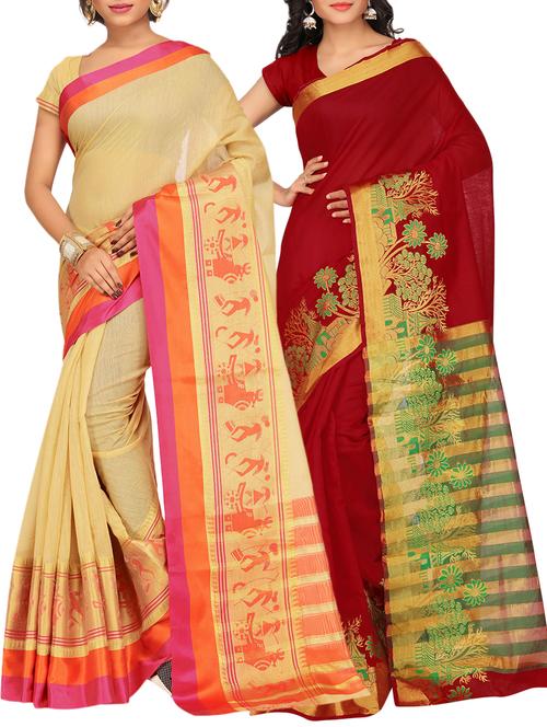 set of 2 zari bordered saree with blouse - 15484208 - Standard Image - 1
