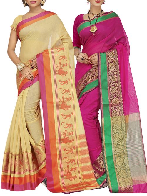set of 2 zari bordered saree with blouse - 15484213 - Standard Image - 1