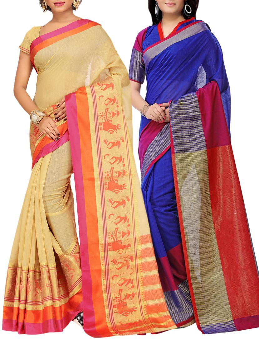 set of 2 zari bordered saree with blouse - 15484214 - Zoom Image - 1