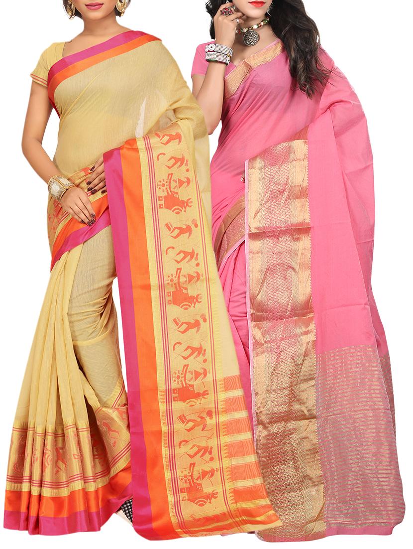 set of 2 zari bordered saree with blouse - 15484215 - Zoom Image - 1