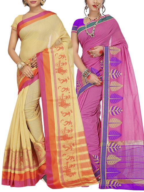 set of 2 zari bordered saree with blouse - 15484216 - Standard Image - 1