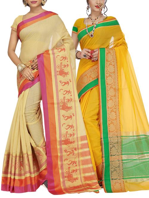 set of 2 zari bordered saree with blouse - 15484217 - Standard Image - 1