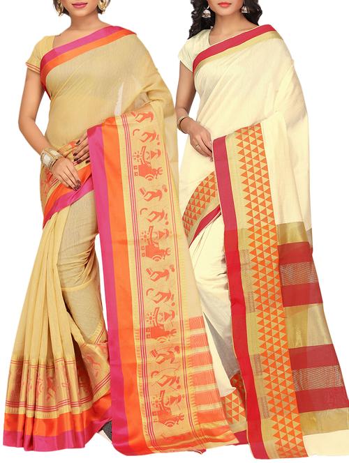 set of 2 zari bordered saree with blouse - 15484220 - Standard Image - 1