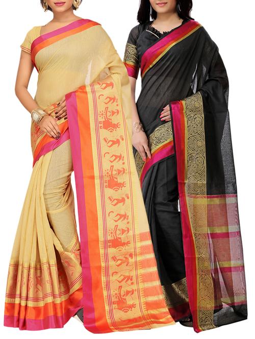 set of 2 zari bordered saree with blouse - 15484221 - Standard Image - 1
