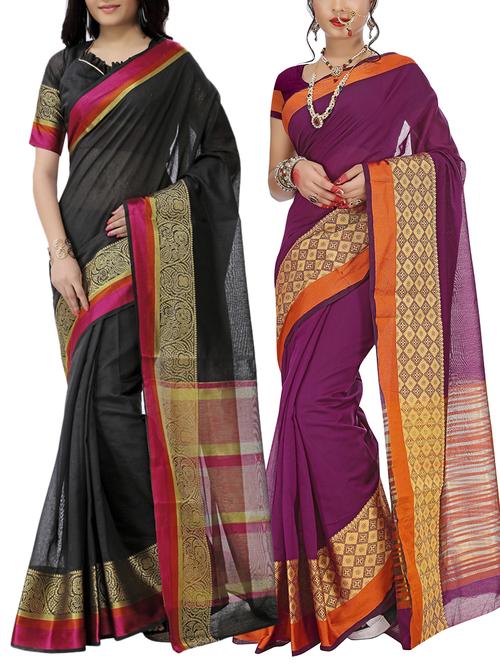 set of 2 zari bordered saree with blouse - 15484222 - Standard Image - 1