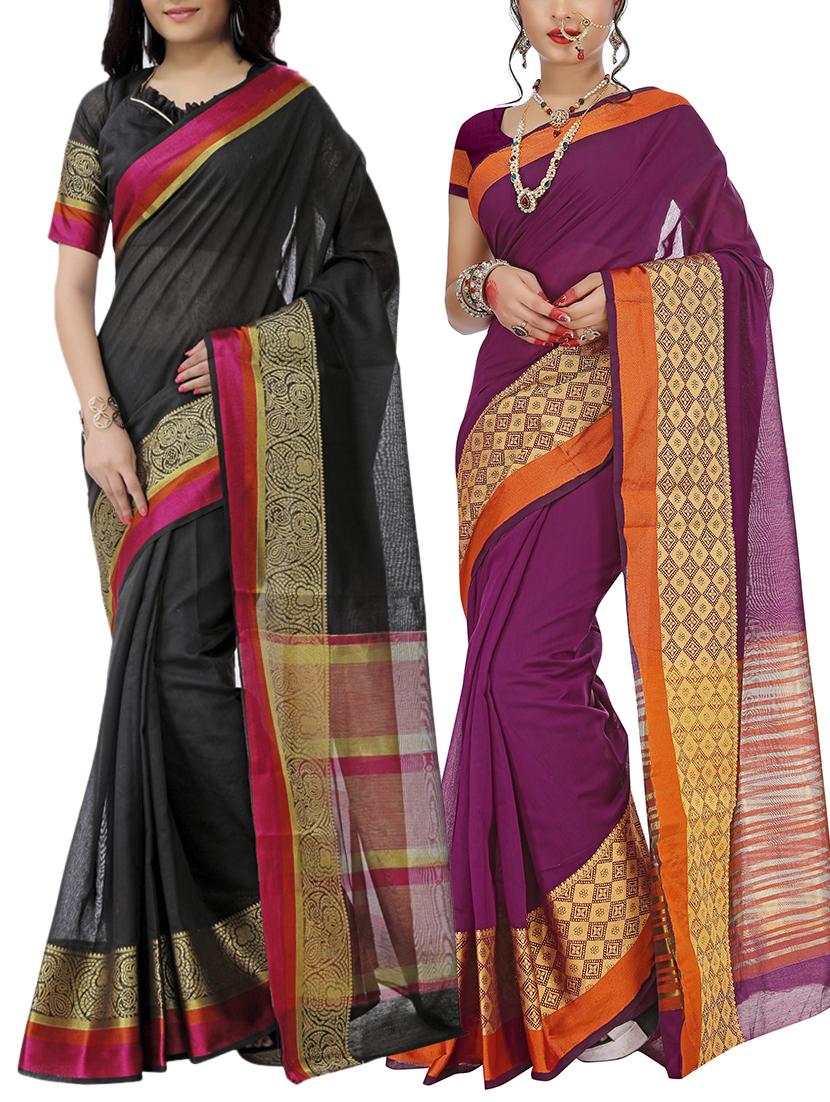 set of 2 zari bordered saree with blouse - 15484222 - Zoom Image - 1