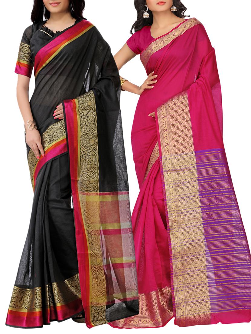 set of 2 zari bordered saree with blouse - 15484225 - Zoom Image - 1