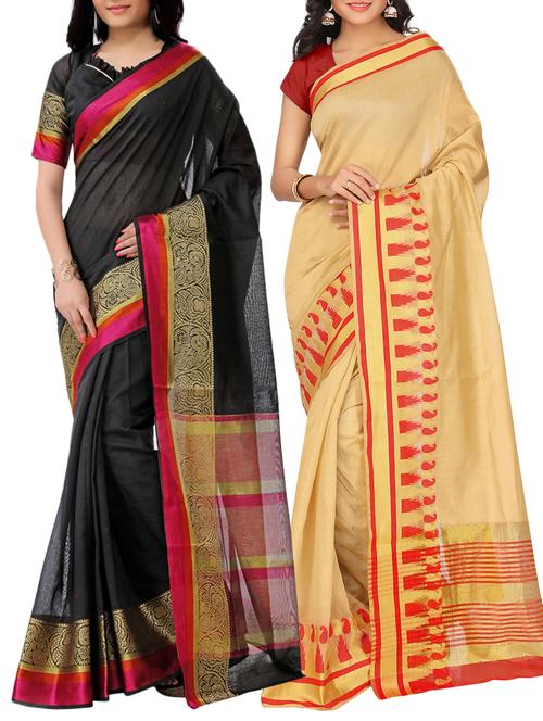 set of 2 zari bordered saree with blouse - 15484229 - Standard Image - 1