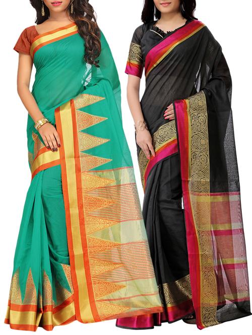 set of 2 zari bordered saree with blouse - 15484230 - Standard Image - 1