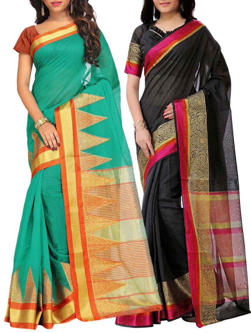 set of 2 zari bordered saree with blouse - 15484230 - Zoom Image - 1