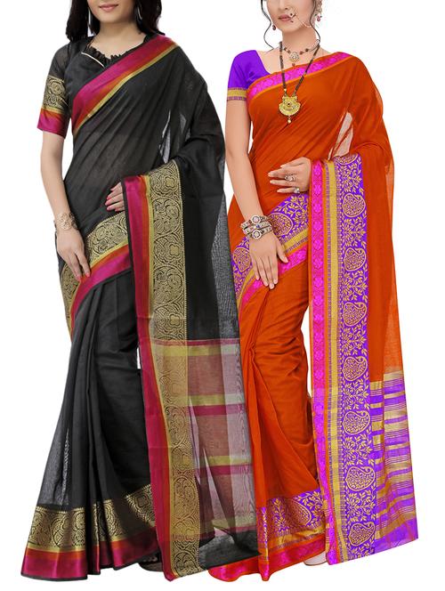set of 2 zari bordered saree with blouse - 15484234 - Standard Image - 1