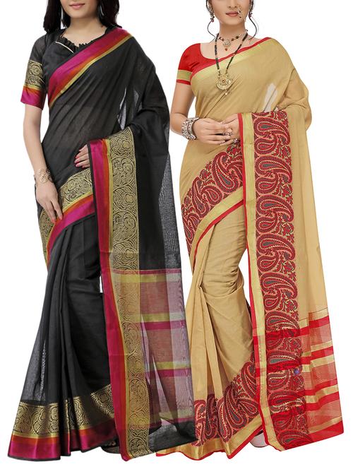 set of 2 zari bordered saree with blouse - 15484235 - Standard Image - 1