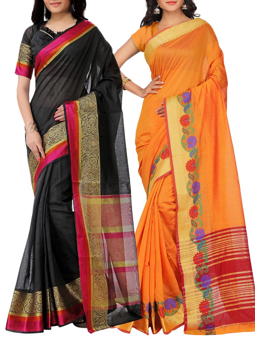 set of 2 zari bordered saree with blouse - 15484236 - Zoom Image - 1