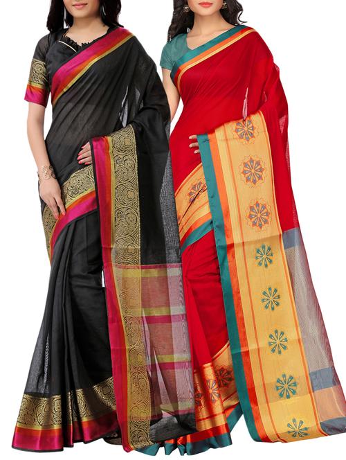 set of 2 zari bordered saree with blouse - 15484240 - Standard Image - 1