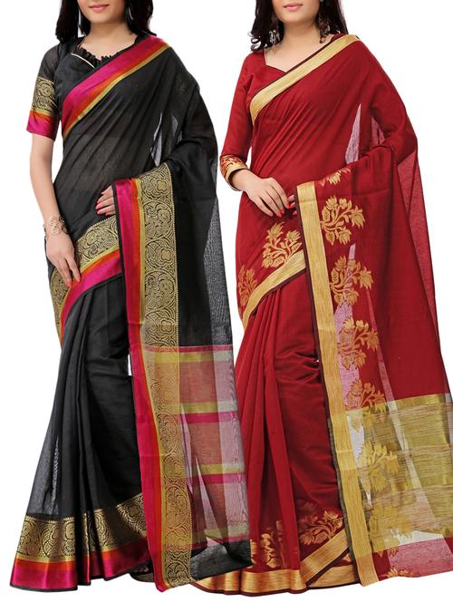 set of 2 zari bordered saree with blouse - 15484242 - Standard Image - 1