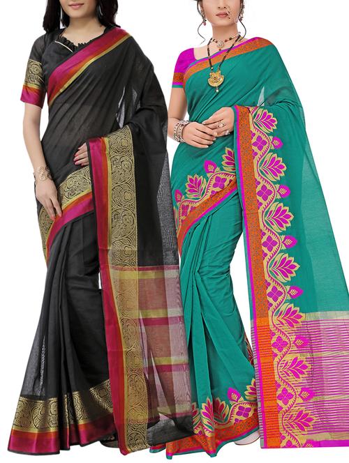 set of 2 zari bordered saree with blouse - 15484244 - Standard Image - 1