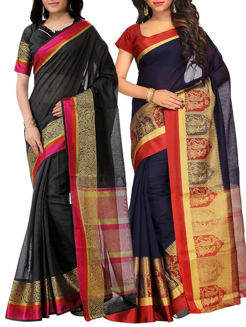set of 2 zari bordered saree with blouse - 15484245 - Standard Image - 1