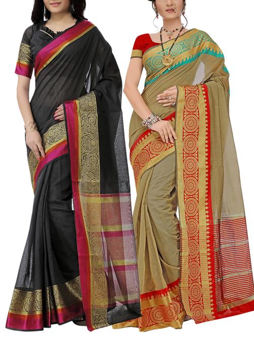 set of 2 zari bordered saree with blouse - 15484247 - Standard Image - 1