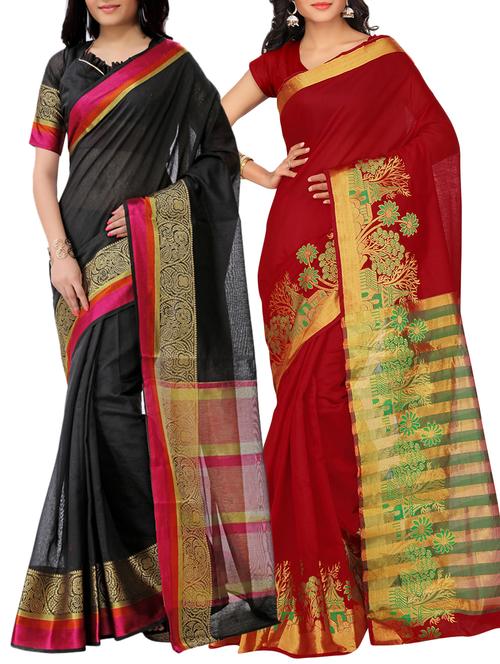 set of 2 zari bordered saree with blouse - 15484252 - Standard Image - 1