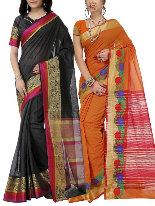 set of 2 zari bordered saree with blouse - 15484253 - Standard Image - 1