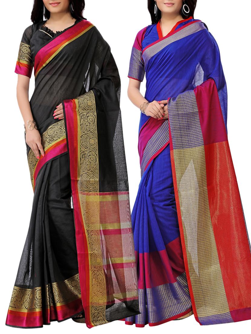 set of 2 zari bordered saree with blouse - 15484258 - Zoom Image - 1