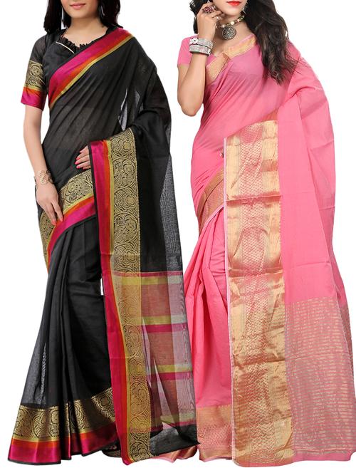 set of 2 zari bordered saree with blouse - 15484259 - Standard Image - 1