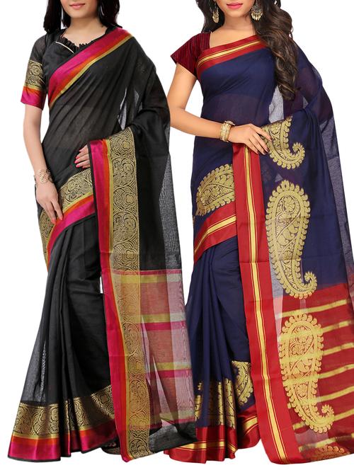 set of 2 zari bordered saree with blouse - 15484263 - Standard Image - 1
