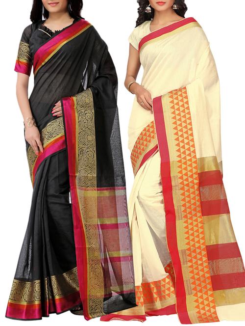 set of 2 zari bordered saree with blouse - 15484264 - Standard Image - 1
