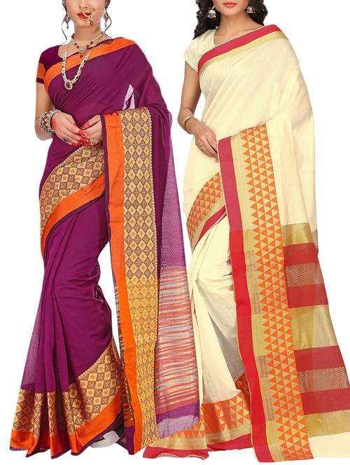 set of 2 zari bordered saree with blouse - 15484265 - Standard Image - 1
