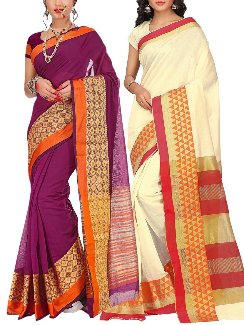 set of 2 zari bordered saree with blouse - 15484265 - Zoom Image - 1