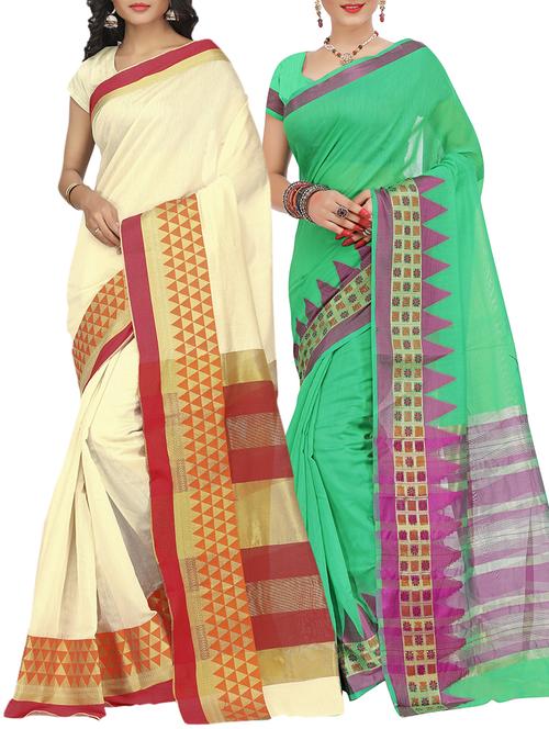 set of 2 zari bordered saree with blouse - 15484266 - Standard Image - 1