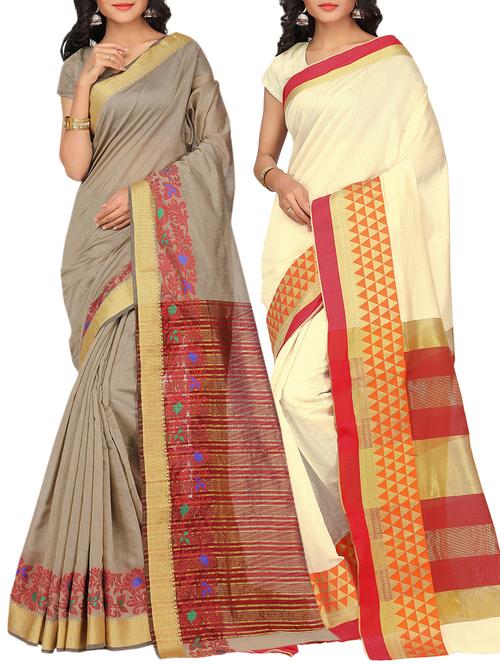 set of 2 zari bordered saree with blouse - 15484271 - Standard Image - 1