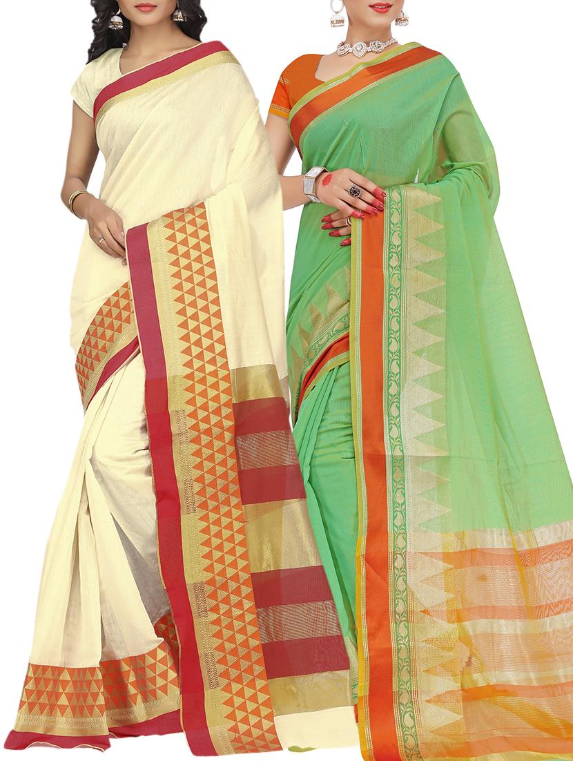 set of 2 zari bordered saree with blouse - 15484276 - Zoom Image - 1