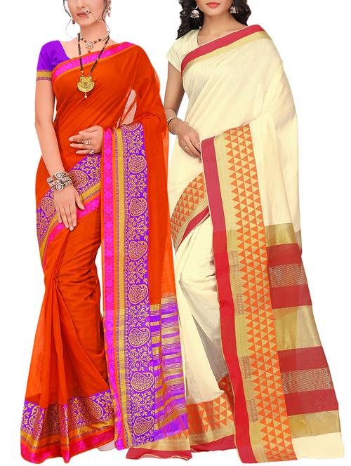 set of 2 zari bordered saree with blouse - 15484277 - Standard Image - 1
