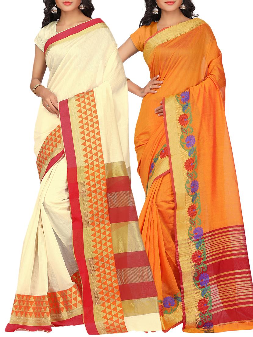 set of 2 zari bordered saree with blouse - 15484279 - Zoom Image - 1