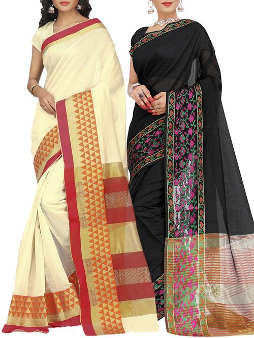 set of 2 zari bordered saree with blouse - 15484282 - Standard Image - 1