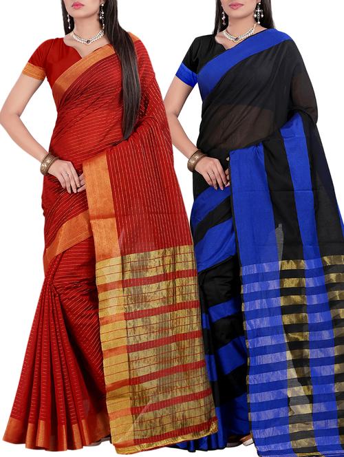 set of 2 zari bordered saree with blouse - 15484285 - Standard Image - 1