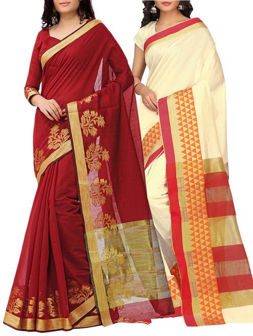 set of 2 zari bordered saree with blouse - 15484286 - Standard Image - 1