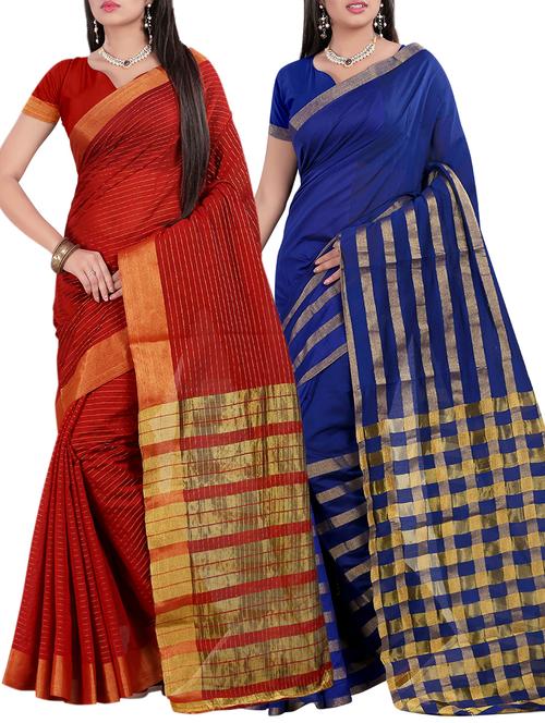 set of 2 zari bordered saree with blouse - 15484287 - Standard Image - 1