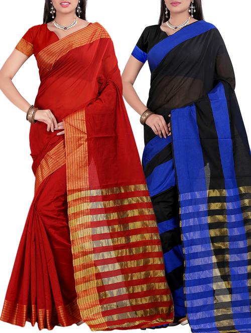 set of 2 zari bordered saree with blouse - 15484289 - Standard Image - 1